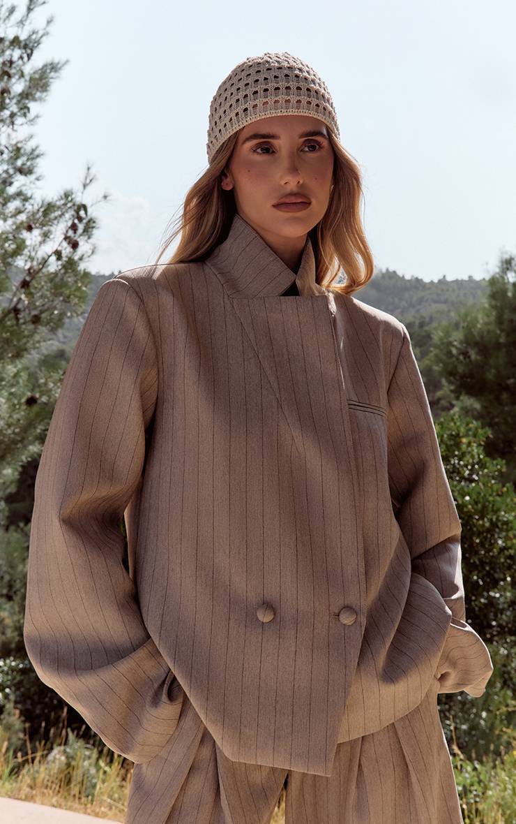 Taupe Pantalon Large Plissé À Rayures Fines Ensemble Coordonné