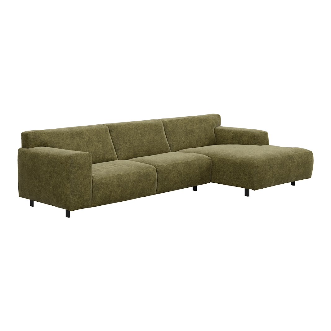 Vesta 2,5-seter med sjeselong høyre I Tekstil Eros Forest, standardsøm, sort metallben 10 cm, Comfort CM