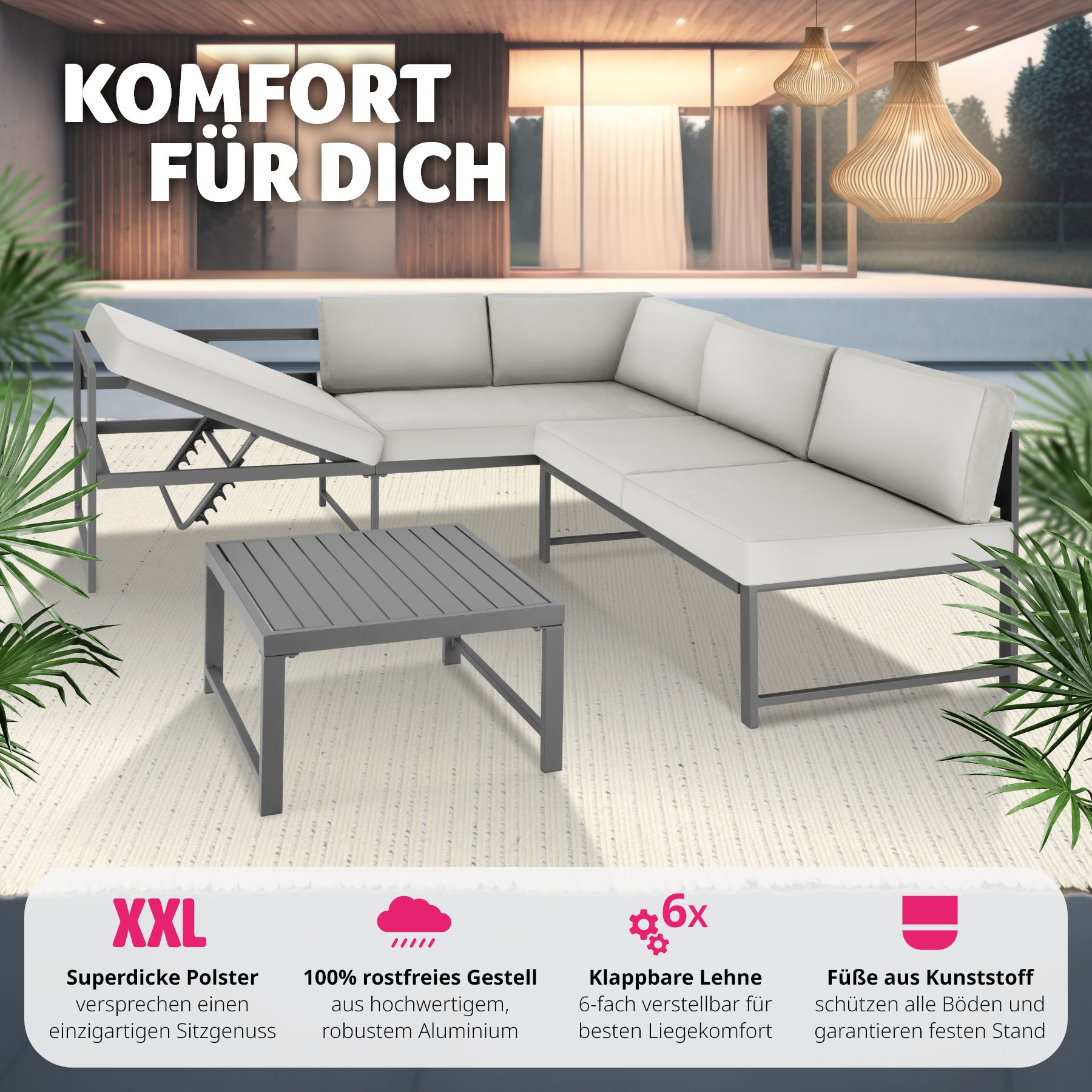 tectake® Sitzgruppe, aus Aluminium, 6-fach verstellbare Rückenlehne, bodenschonende Kunststofffüße