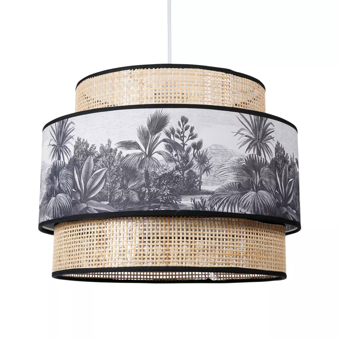 Suspension lumineuse en rotin double (D35 cm) Ombrage Noir et naturel