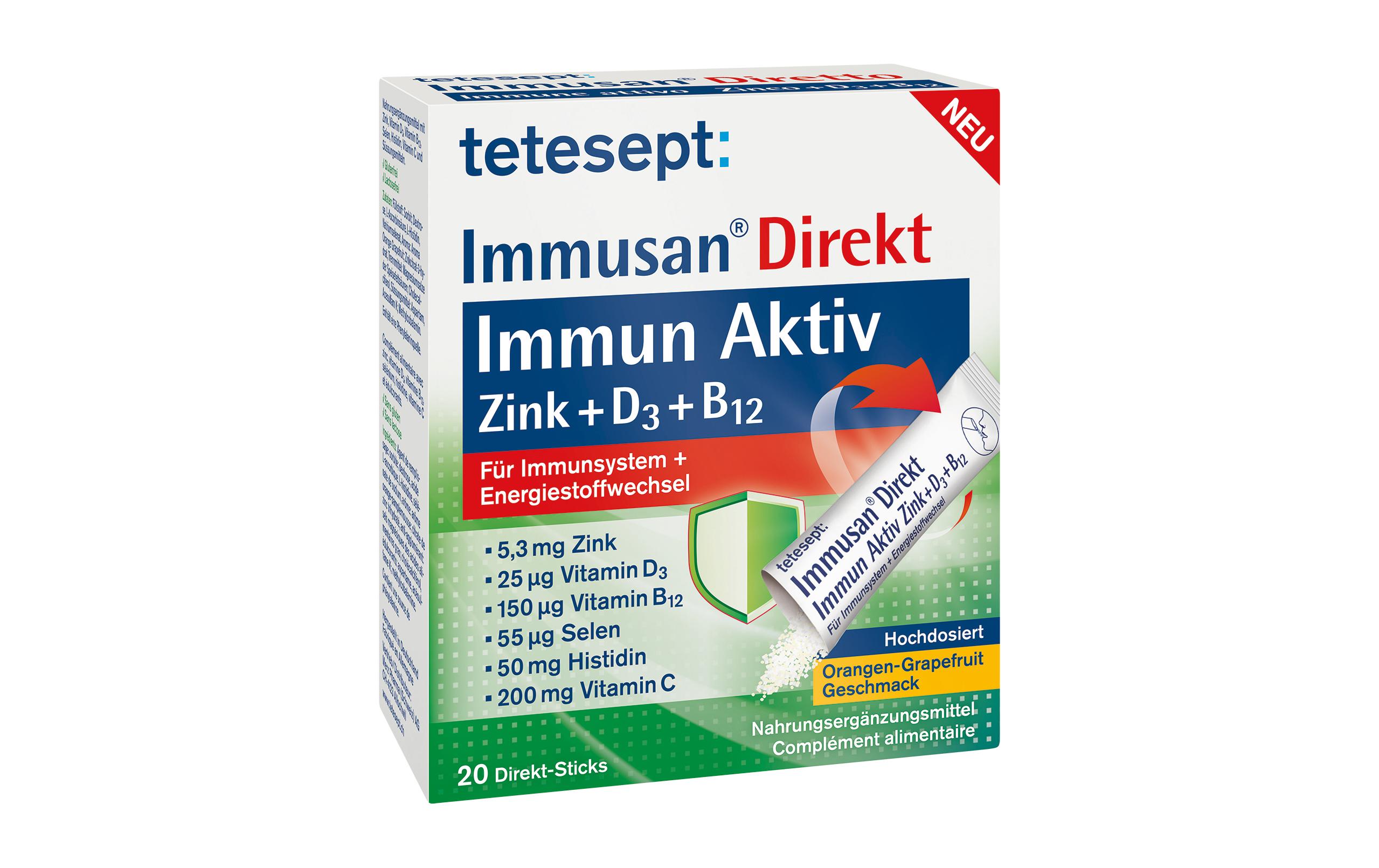 Immusan Direkt Immun Aktiv Zink+D3+B12 20 Direkt-SticksPraktische Direkt-Sticks zur schnellen und effizienten Unterstützung der Abwehrkräfte
