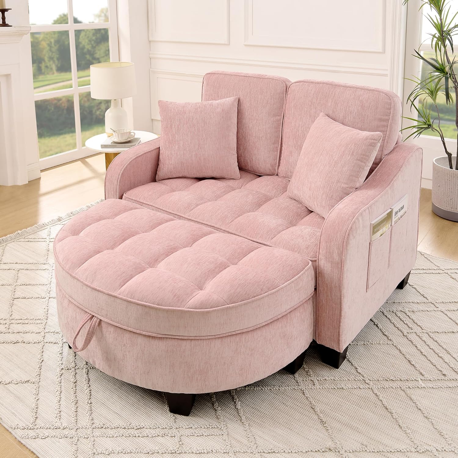 Sofa mit Schlaffunktion, 2-in-1 Schlafsofa, Modulares Sofa, Aufbewahrungs-Hocker & 4 Kisse, für Kleine Wohnzimmer, Studienzimmer, Schlafzimmer, 132×129×93cm (Rosa)