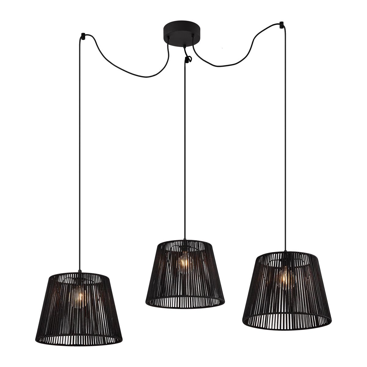 Buiten hanglamp zwart met zwarte kap van touw 3-lichts IP44 - Cava Jayla