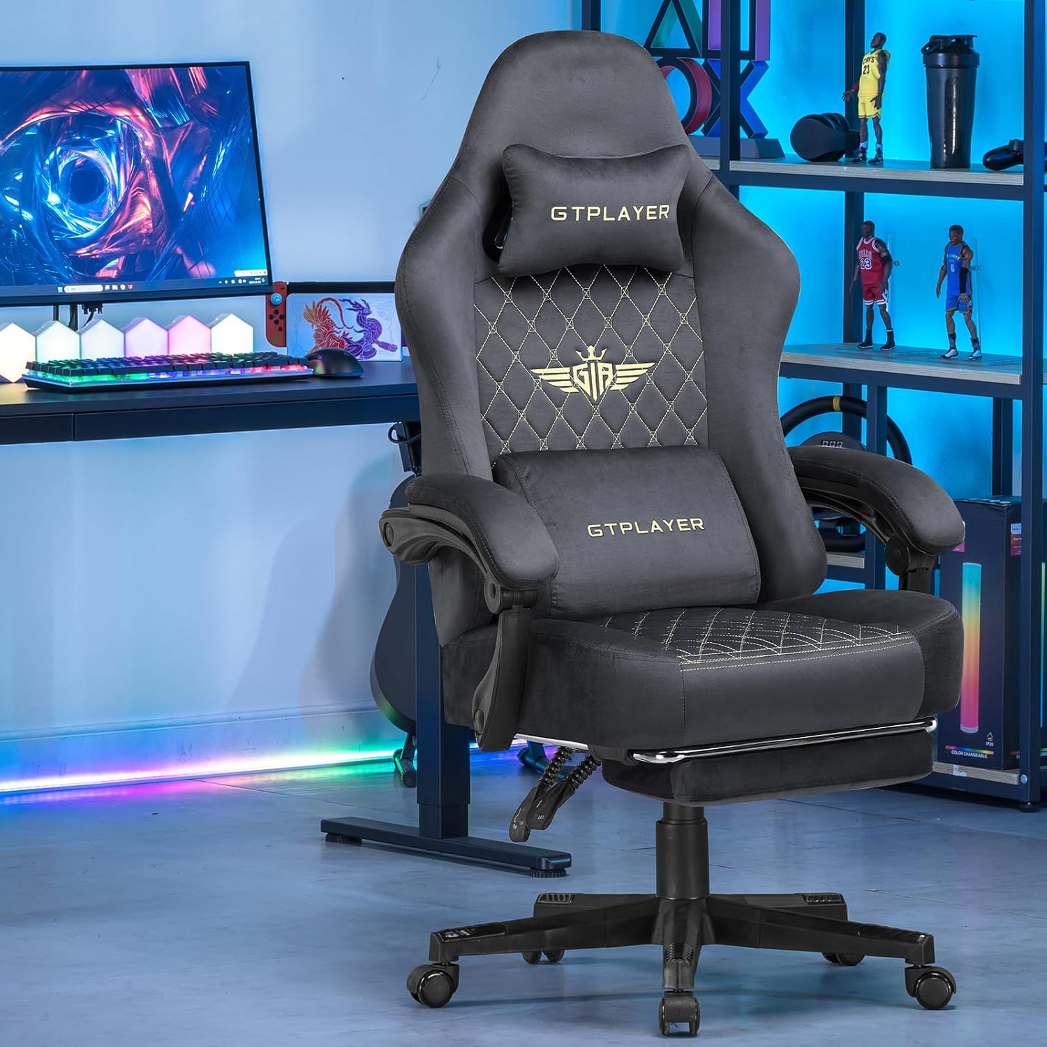 GTPLAYER Gaming Stuhl Stoff Gaming Chair Ergonomisch Bürostuh PC Stuhl, 150kg Belastbarkeit, Verstellbarer und Drehbarer Schreibtischstuh mit Federsitzkissen und Fußstütze, Grau