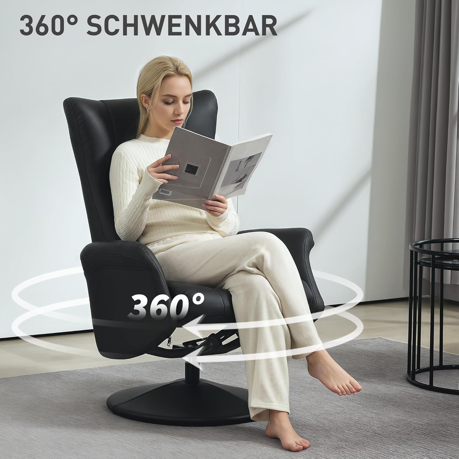 HOMCOM Relaxsessel mit Hocker 360°Drehbarer Fernsehsessel mit Liegefunktion Ruhesessel mit Verstellbar Rückenlehne TV-Sessel bis 150 kg belastbar für Wohnzimmer Kunstleder, Schwarz