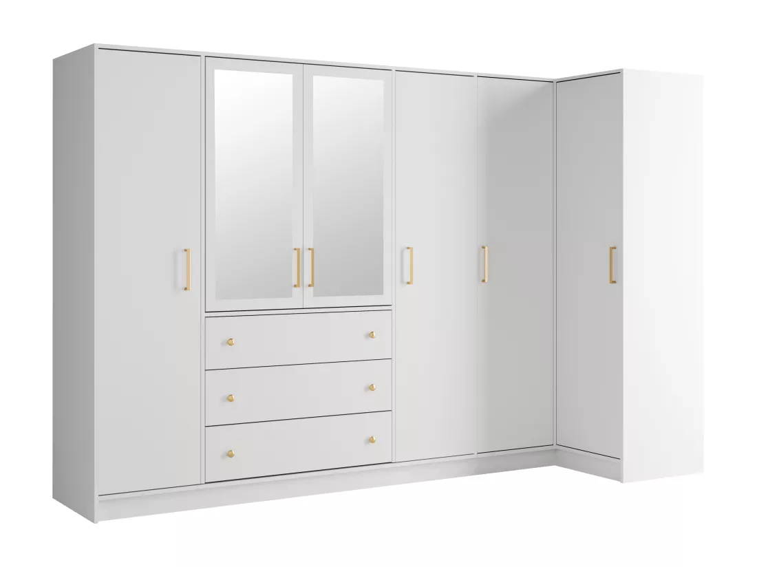 Armoire d'angle 6 portes et 3 tiroirs - Avec miroirs - L311 cm - Blanc - LIZANDRO
