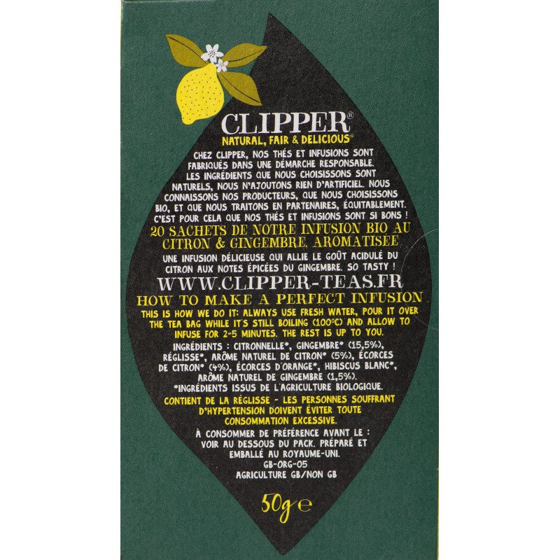 Infusion citron gingembre bio Clipper - Boîte de 20 sachets