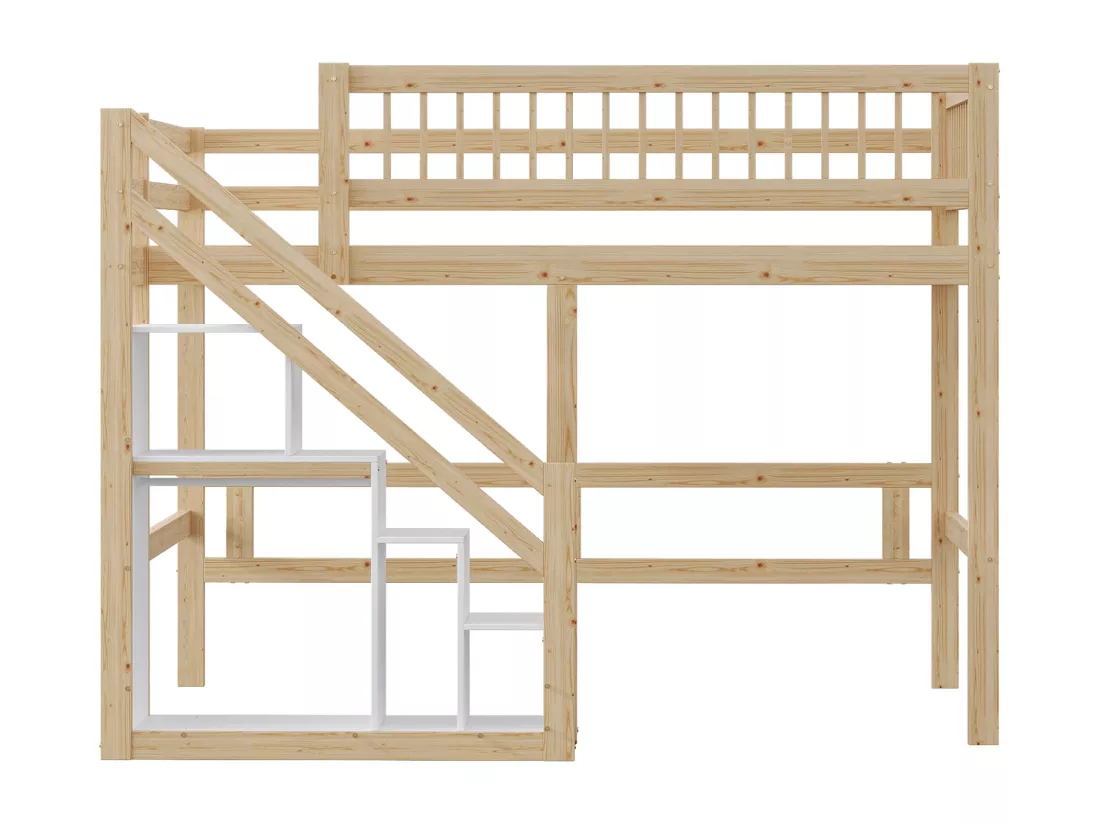 Lit mezzanine 140 x 200 cm avec placard de rangement - Bois massif + MDF - Naturel et blanc (sans matelas)