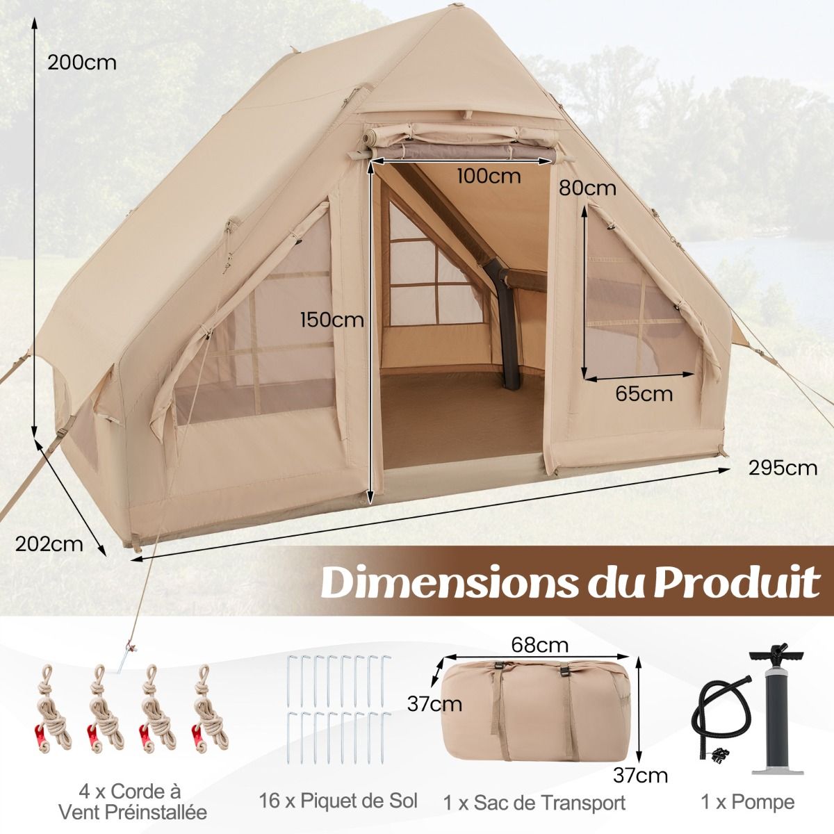 Tente de Camping Gonflable 6 m² pour 4-6 Personnes Tente en Coton Coupe-vent et Imperméable avec Pompe 7 Fenêtres à Moustiquaire Beige - Lidl-Manfred