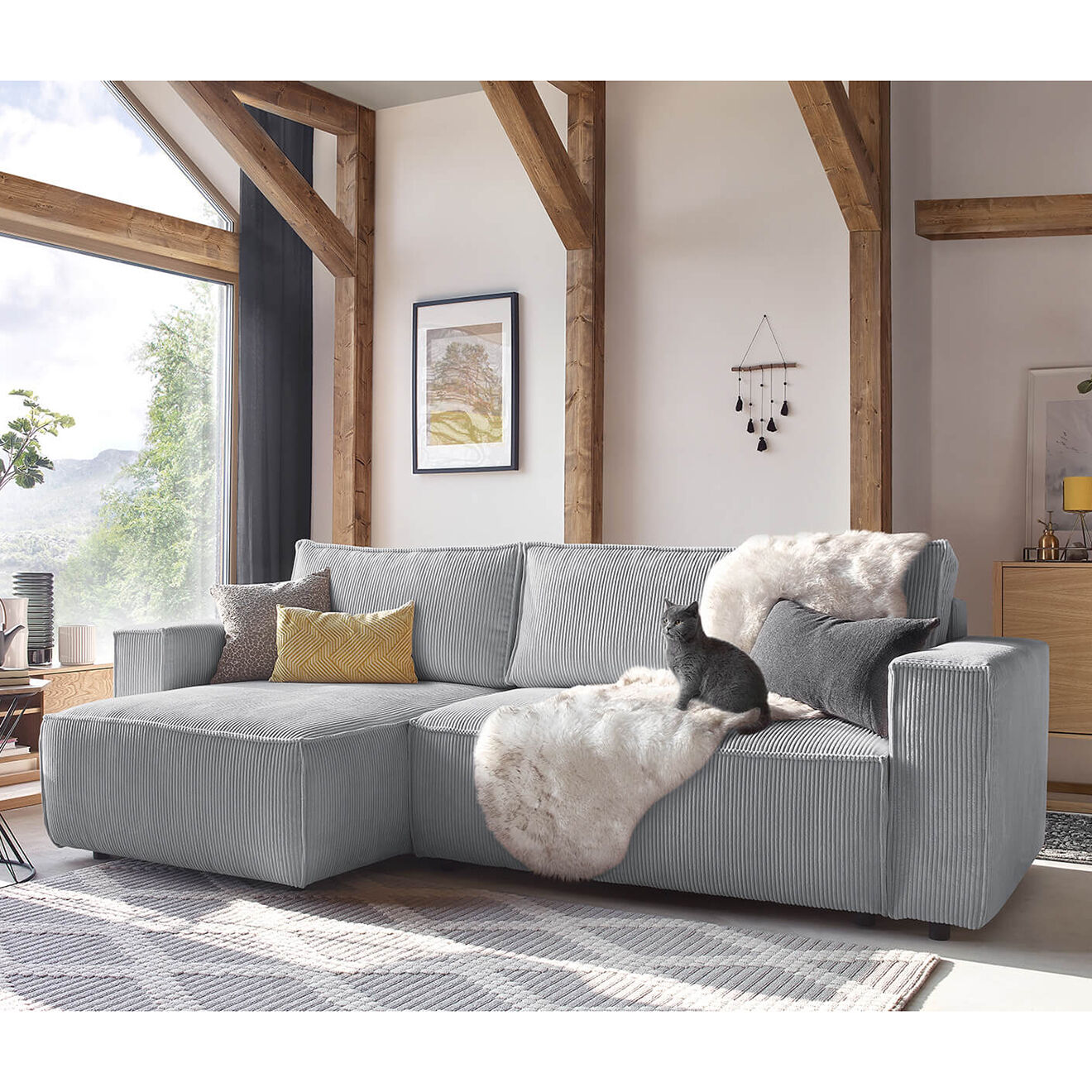 Bobochic Canapé d'angle convertible reversible Nihad en velours côtelé gris clair - 282x153 cm