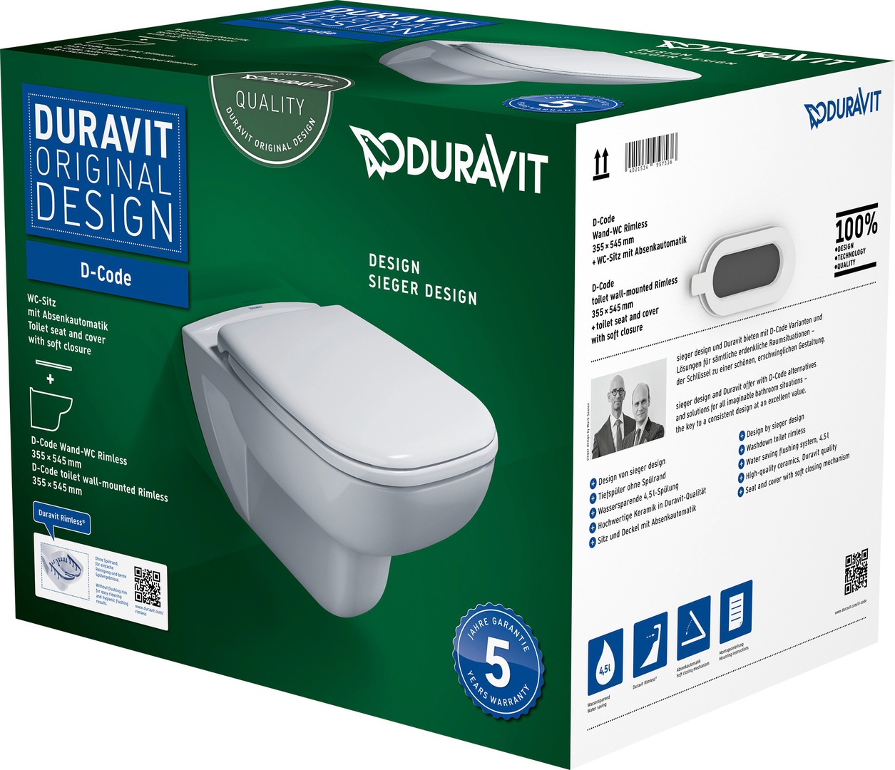 Duravit D-Code randloos toilet met softclose zitting wit glans