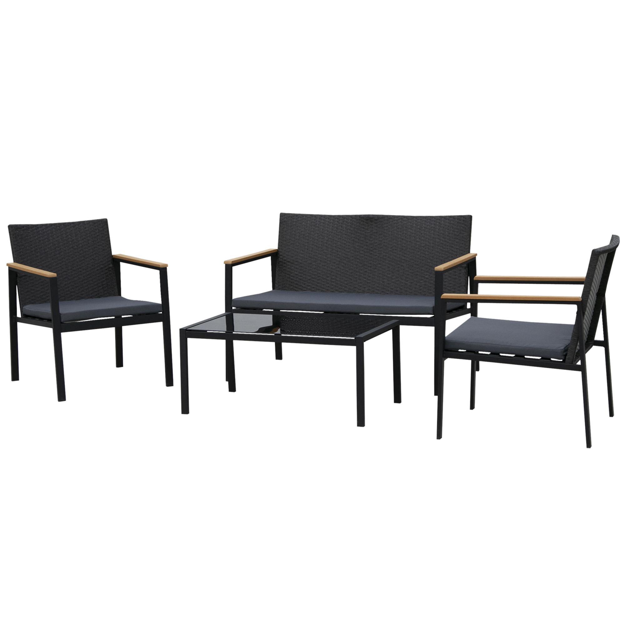 Conjunto de móveis Outsunny de 4 peças em rattan PE com almofadas, 2 poltronas, 1 sofá de dois lugares e mesa de centro para jardim, terraço e pátio, preto e cinza.