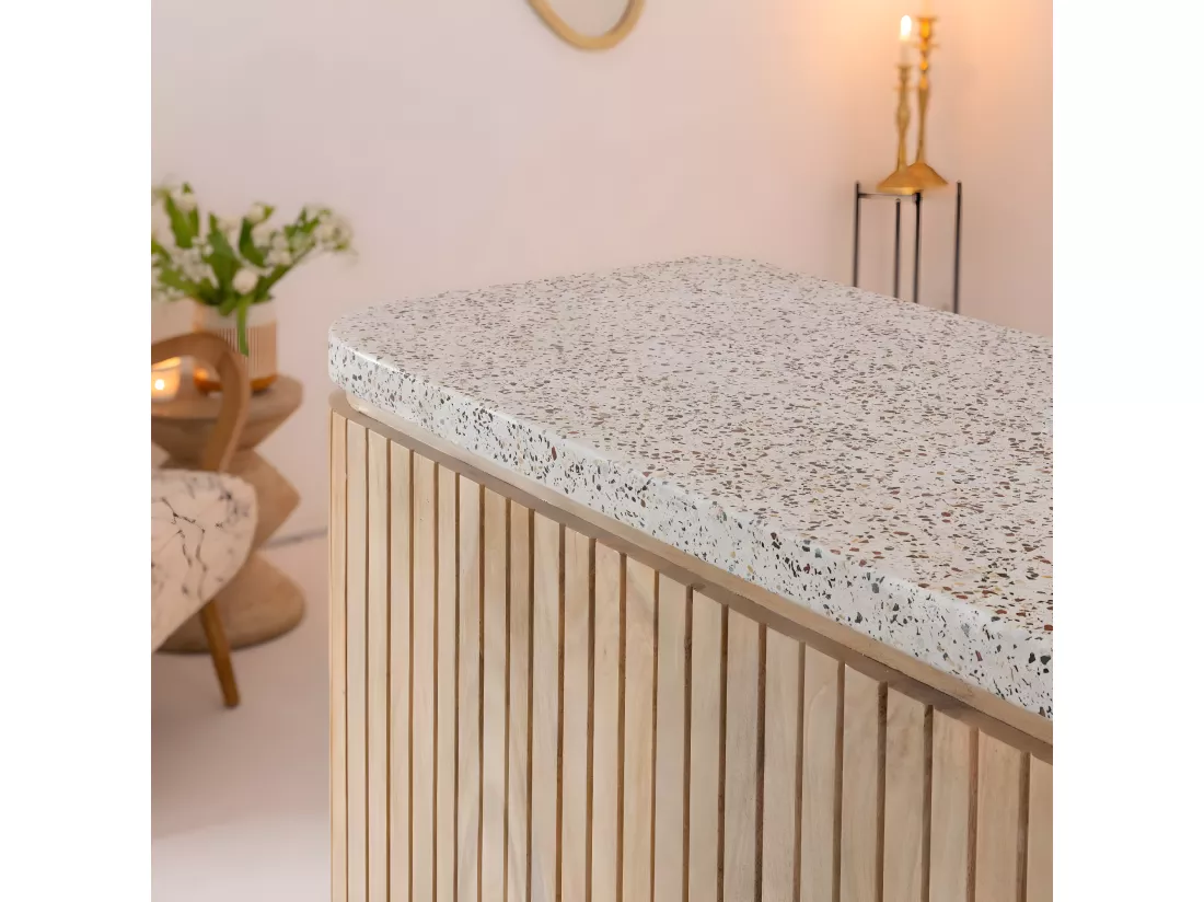 Meuble bar en angle bois de manguier et terrazzo Lou
