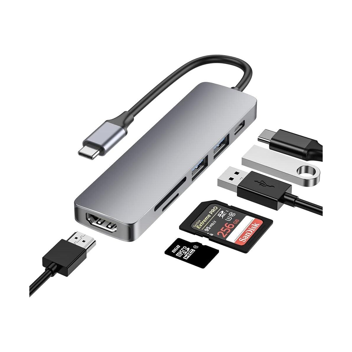 NÖRDIC 1 til 6 USB C dokkingstasjon i aluminium 1xHDMI 4K 30Hz 2xUSB-A 3.1 5Gbps 1x USB C PD87W 1xSD/TF-kortleser