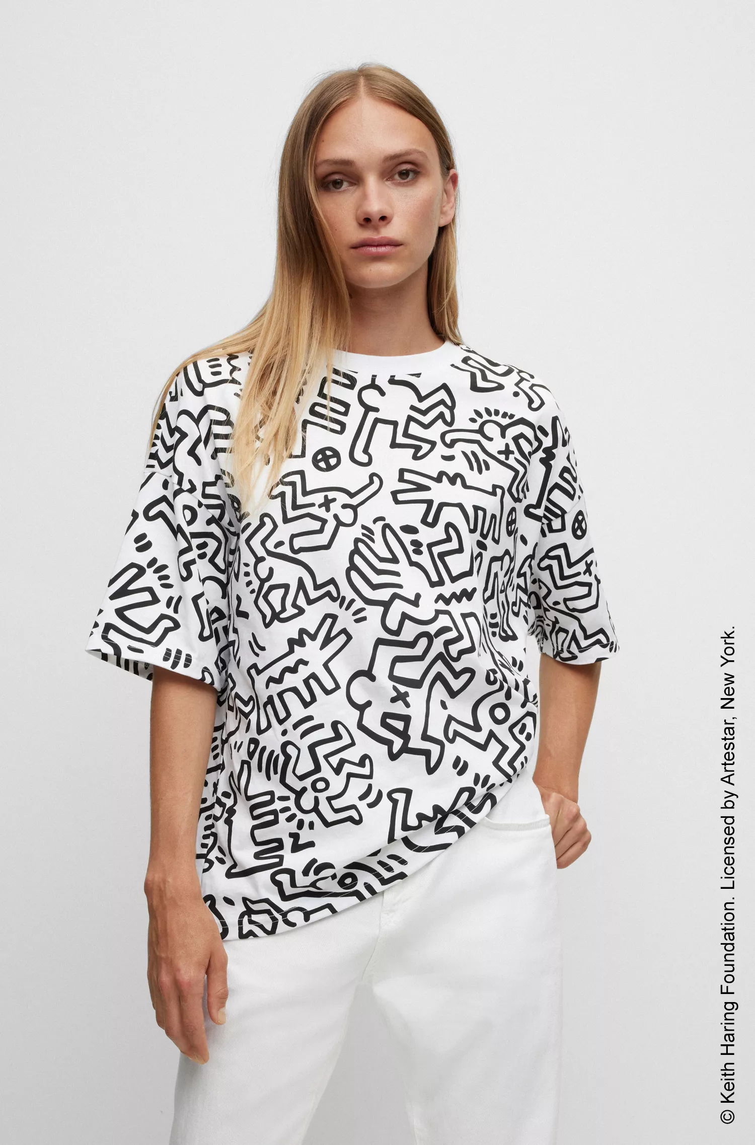 Camiseta preta BOSS x Keith Haring com estampa unissex em malha de algodão.
