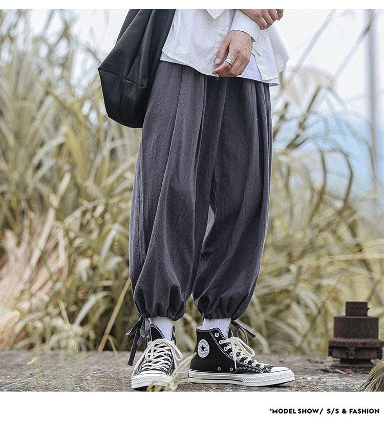 POSI - Effen cropped broek met wijde pijpen en trekkoord in de taille