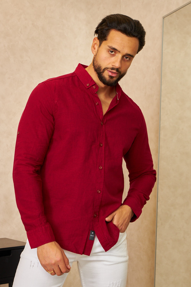 Chemise en lin bordeaux manches longues