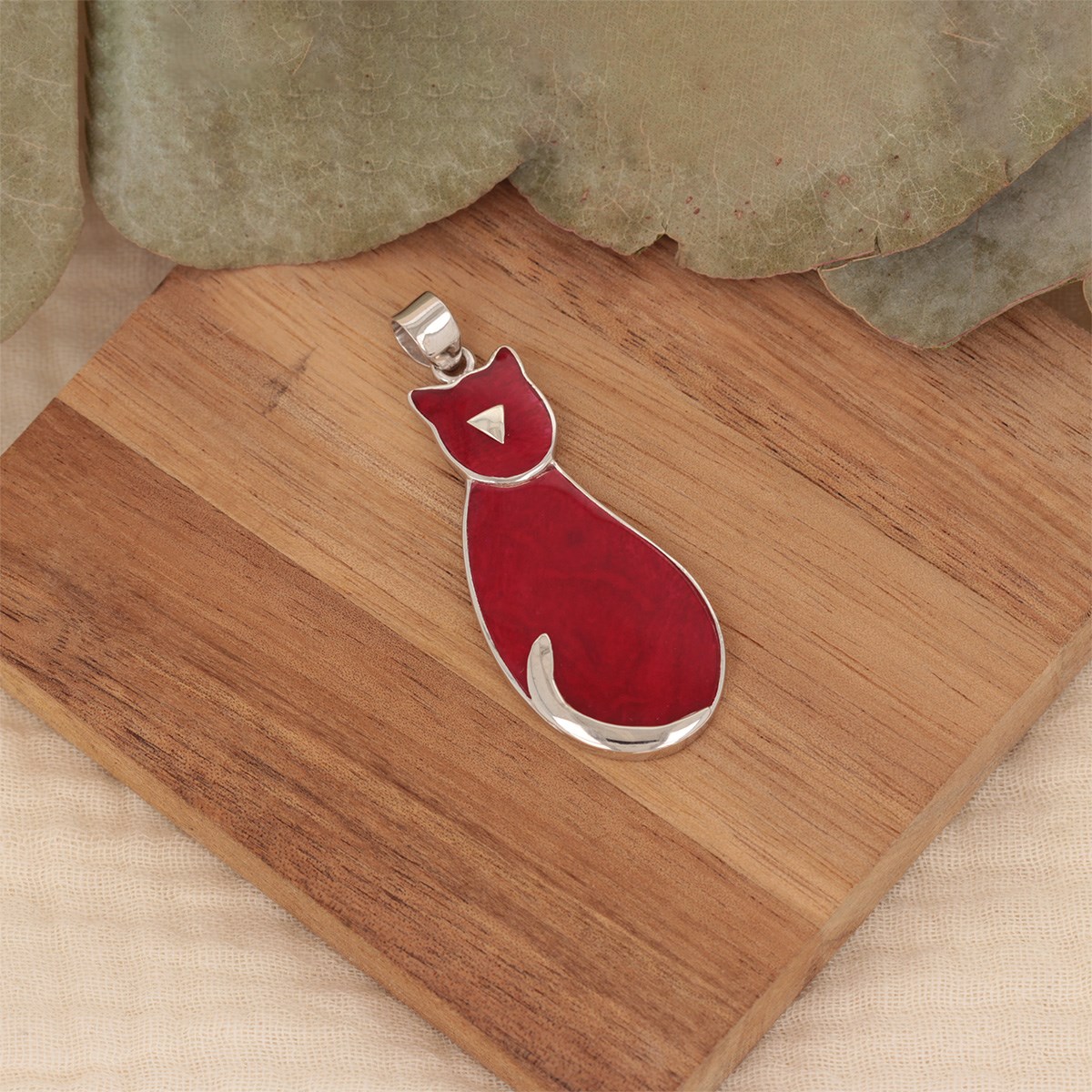 Pendentif Chat Corail serti Argent 925