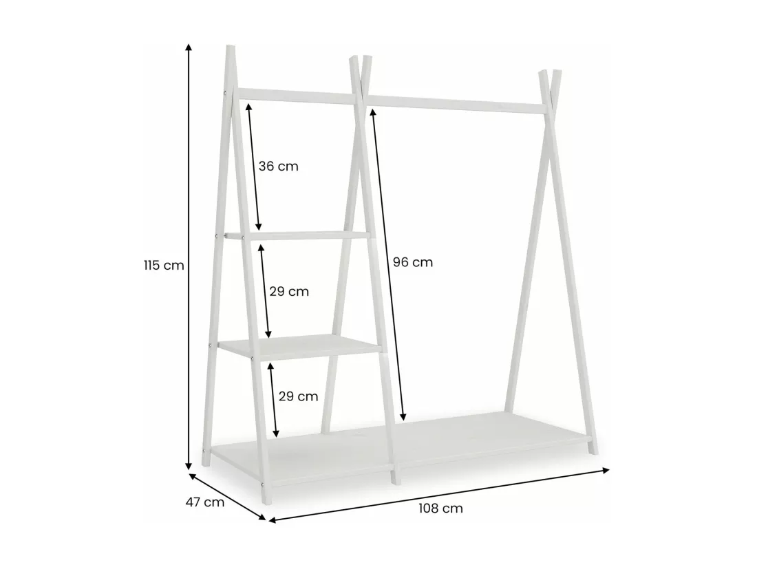 Penderie enfant LOTTE avec 3 étagères Montessori en bois massif blanc 108x115x47 cm, idéale pour garde-robe compact