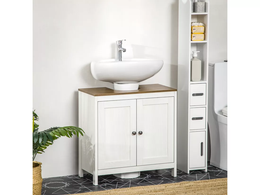 Meuble salle de bain - meuble sous-vasque - placard 2 portes avec étagère - panneaux blanc aspect bois noyer