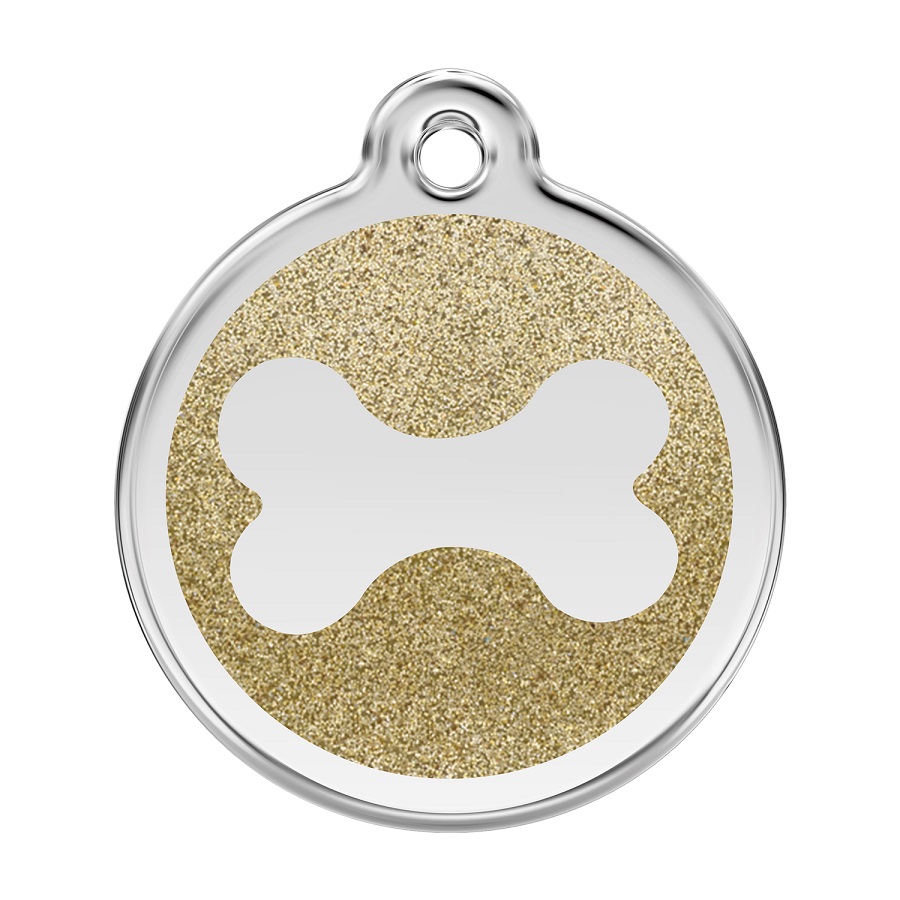 Etiqueta de identificação dourada em formato de osso com glitter para cães.