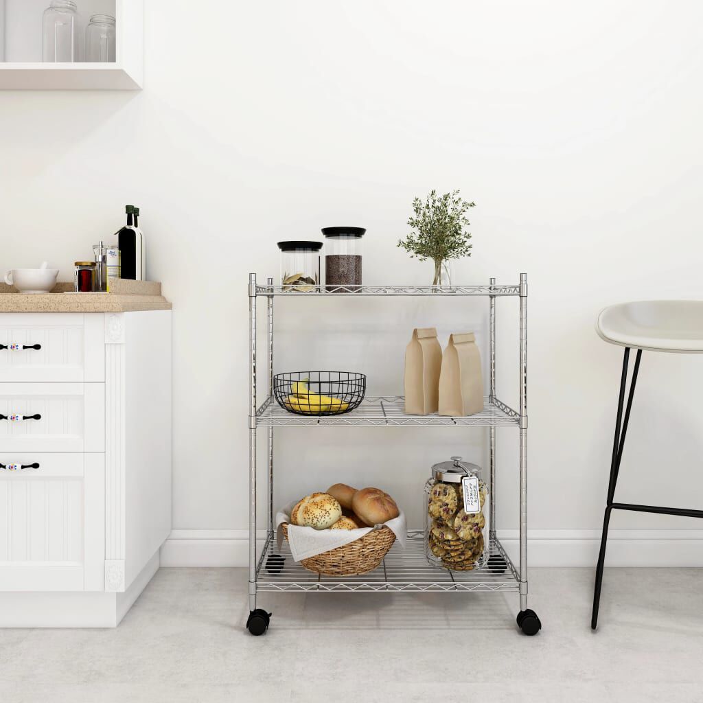 vidaXL 3-laags stellingkast op wielen, 60x35x81 cm, verchroomd, 150 kg