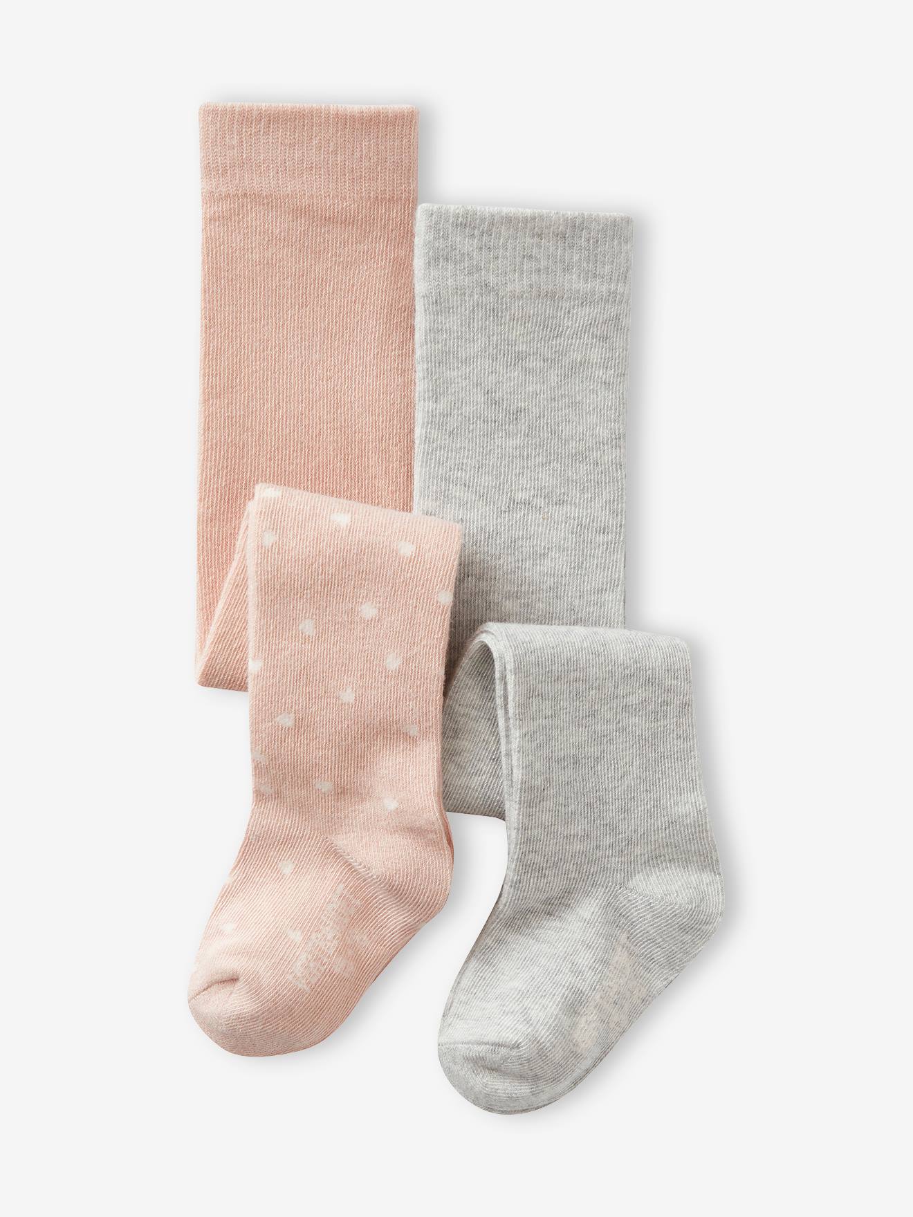 Conjunto de 2 meias-calças com corações/lisas para bebê menina, cinza mesclado