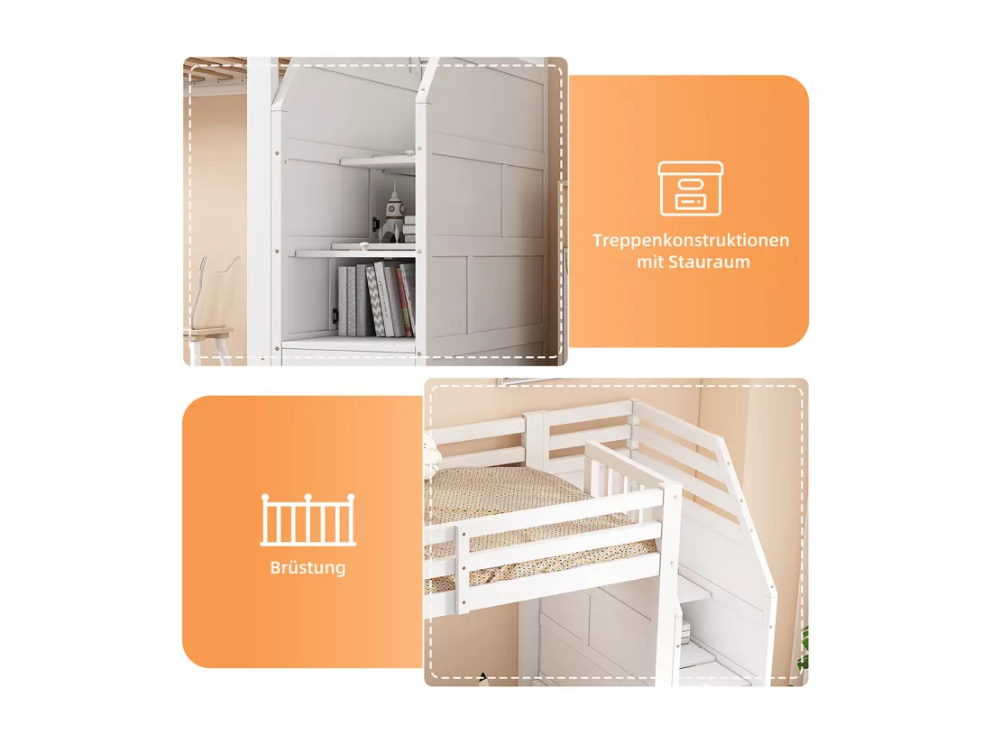 Lit mezzanine enfant 90x200 lit avec sommier à lattes garde-corps marches escamotables Blanc