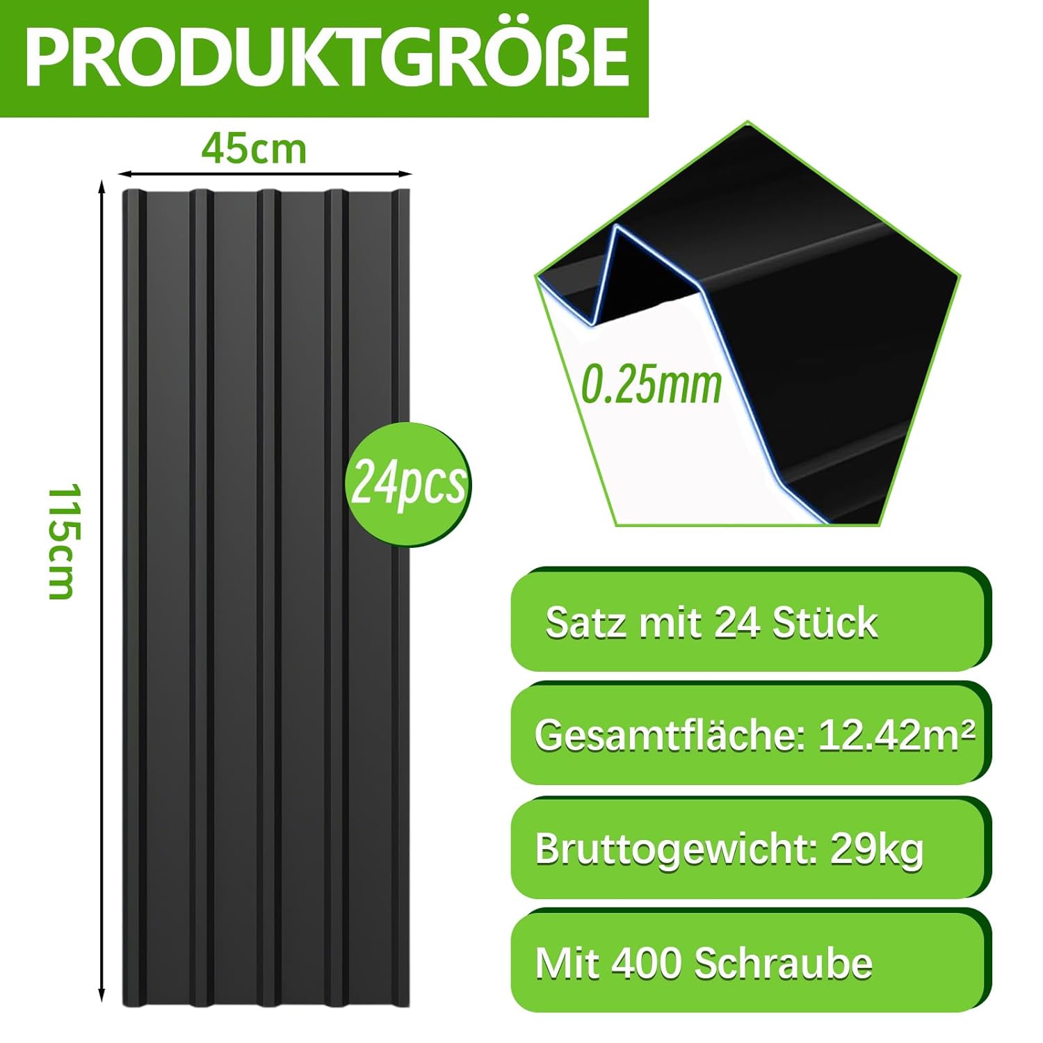 Profilblech Trapezblech 24er Set, 115×45 cm (12,42 m²), Wetterfest Rostresistent Verzinkte Wellblech Dachplatten mit 400 Schrauben, Schwarz Metall Dachblech für Carport, Garage, Gerätehaus