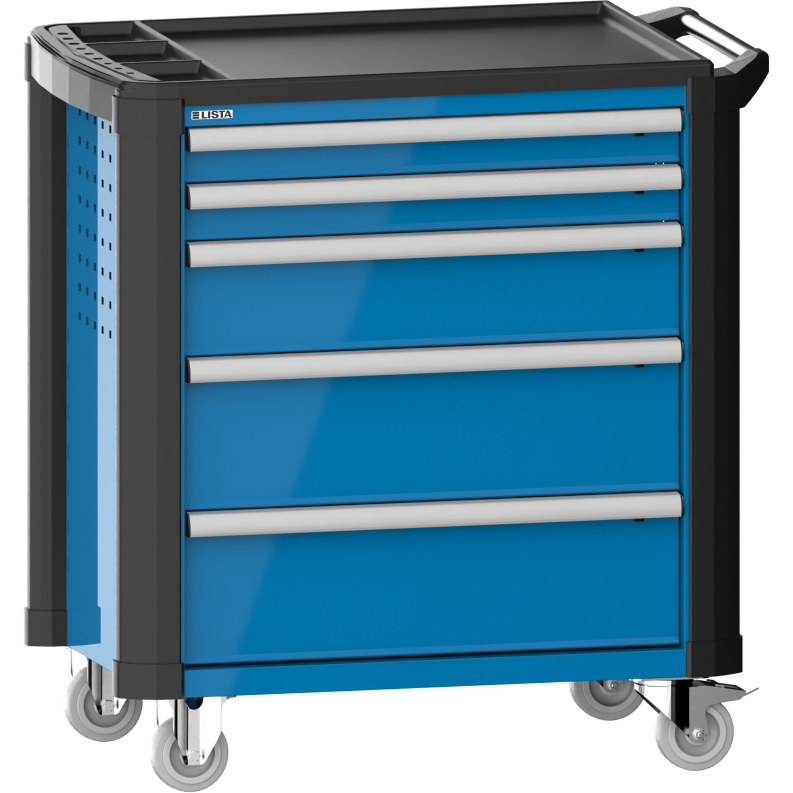 LISTA - Chariot d'atelier H 94,5 x L 83,3 x P 52,5, revêtement plastique antidérapant, protection des coins, 5 tiroirs