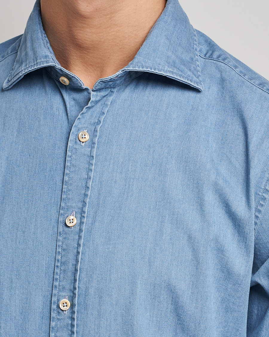 Stenströms Fitted Body Garment Washed Shirt Light Denim
