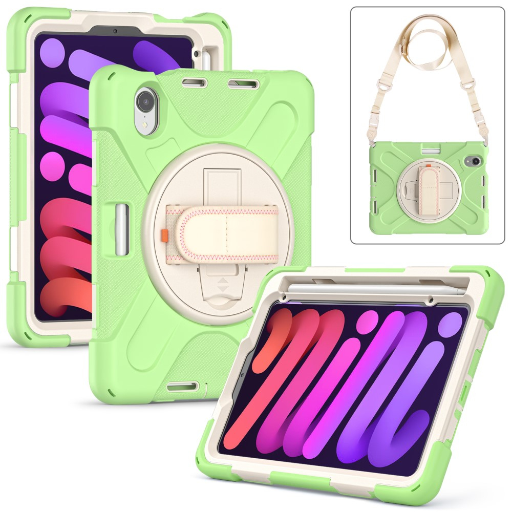 iPad Mini 7 (2024) / Mini 6 (2021) Hybrid Outdoor Silikon Case Hülle mit Aufsteller und Handschlaufe und Schultergurt - Grün