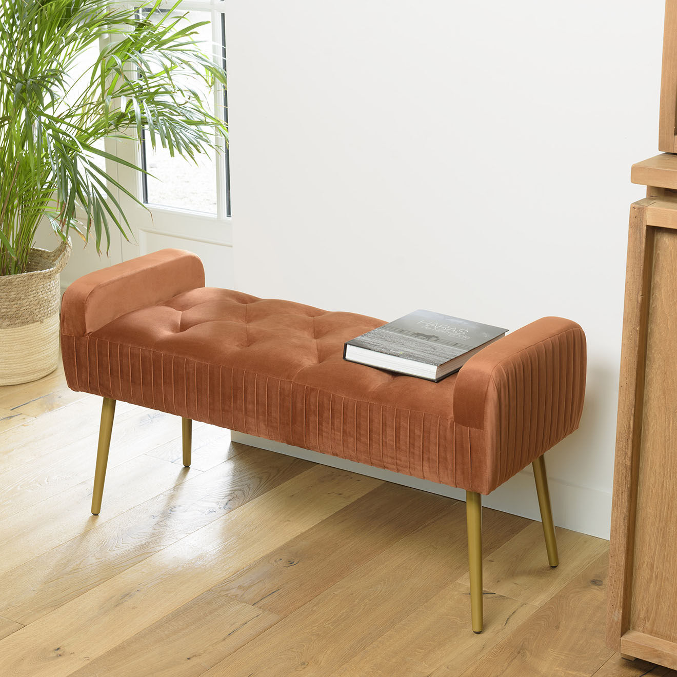 Macabane Banc de lit en velours Albane orange - 103x40x53 cm