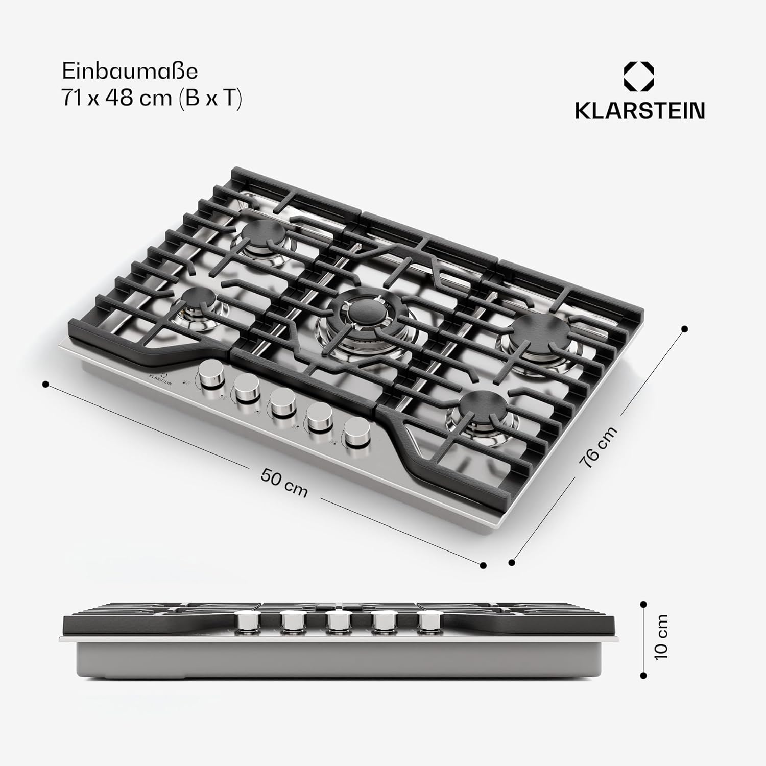 Klarstein Turbocast Gaskochfeld - 5-Brenner Edelstahl 304, 3,4 kW Wokbrenner, Gusseiserne Pfannenhalter, Elektrische Zündung, Sicherheitsabschaltung, LPG-Umrüstsatz, Gasherd, 750x500 mm