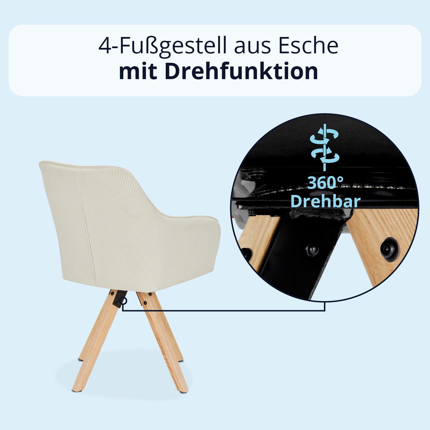 KHG Esszimmerstuhl drehbar, Drehstuhl mit Armlehnen Cord Beige, Stuhlbeine Holz Esche, Küchenstuhl, Polsterstuhl, Essstuhl, Armlehnstuhl, für Esszimmer Küche Büro