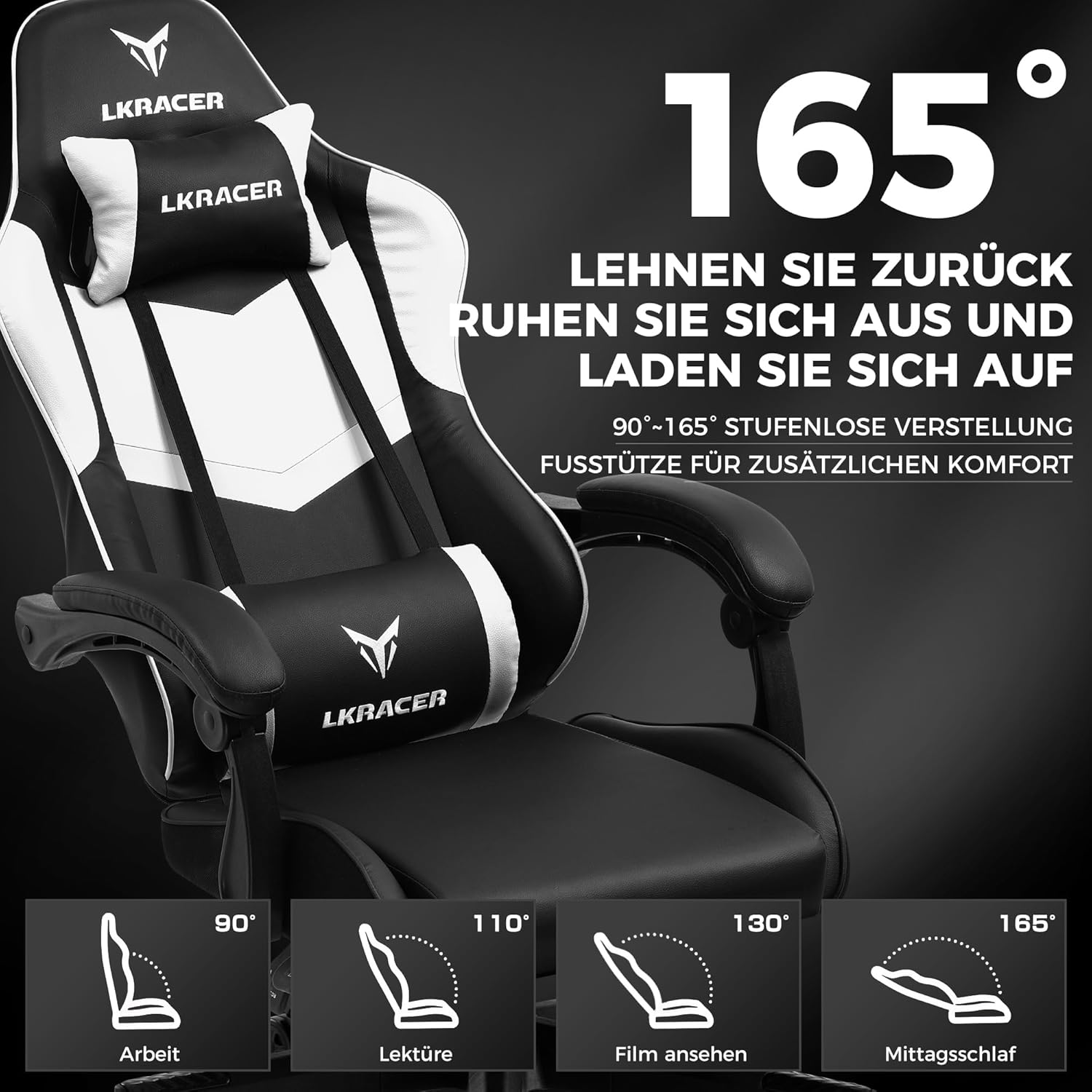 GTPLAYER Gaming Stuhl Bürostuhl Massage Gaming Sessel Ergonomischer Gamer Stuhl, Kopfstütze Massage-Lendenkissen, Gepolstert Gaming Chair, Drehsessel, weiß