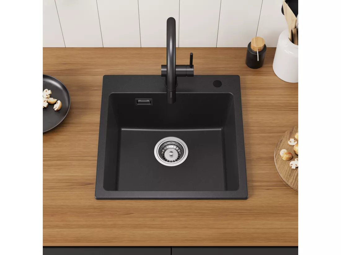 Cecipa max Evier 1 Bac en Quartz et Résine Noir Evier de Cuisine 45x45cm Evier à Encastrer 1 cuve + 300ML Distributeur de Savon Noir