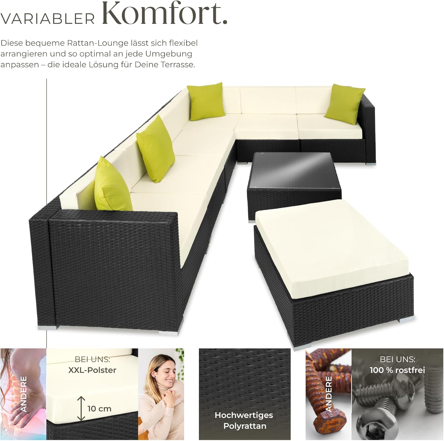 tectake® Poly Rattan Lounge, Garten Loungemöbel Set für 6 Personen, große Sitzgruppe mit L-Form Sofa und Esstisch Outdoor, Gartenmöbel wetterfest, Terrassenmöbel inkl. Hocker und Kissen - schwarz