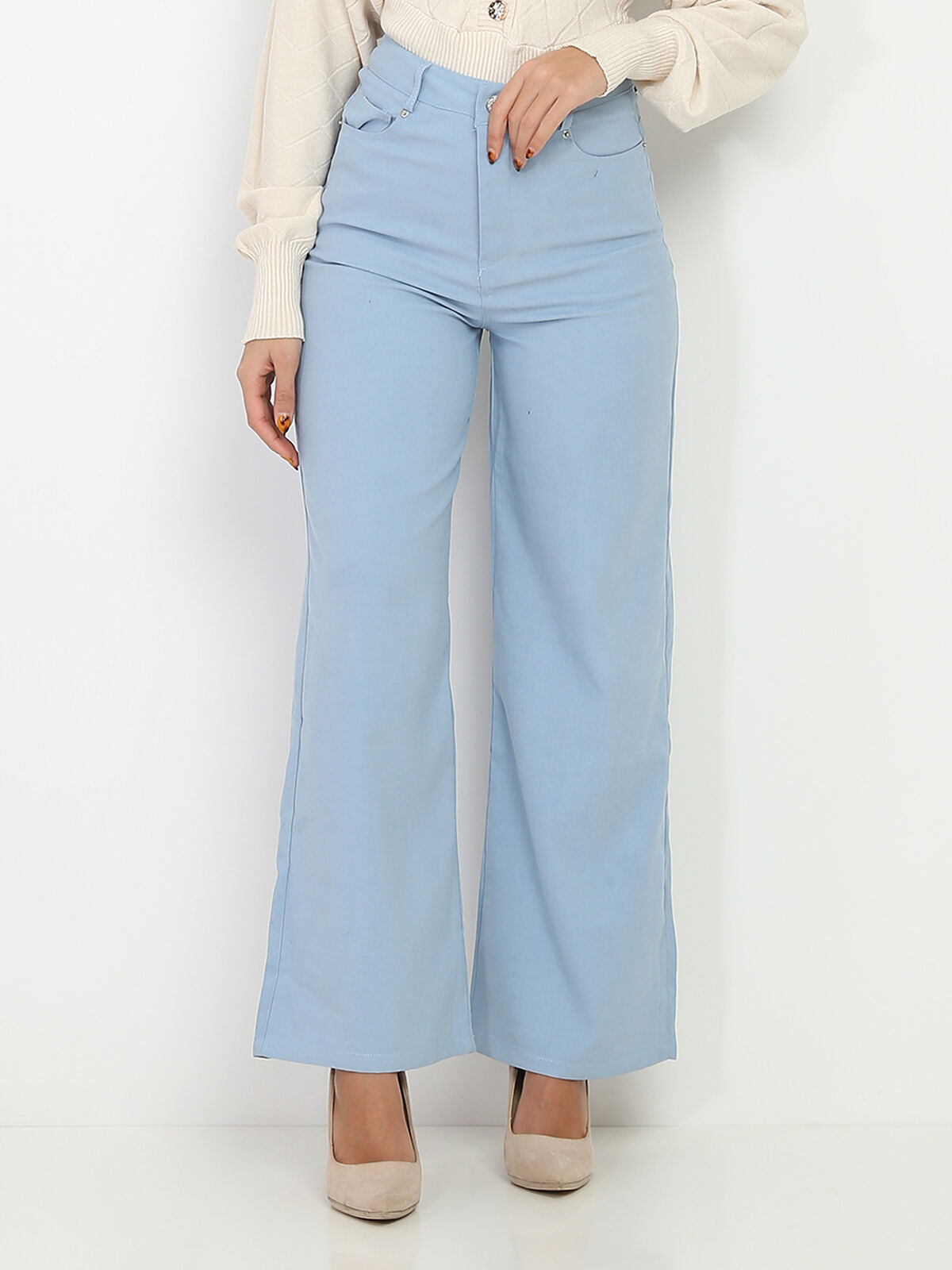 Pantalon large à taille haute- Bleu clair