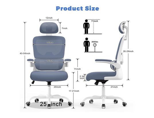 RATTANTREE - Chaise de bureau Fauteuil de bureau ergonomique réglable blanc bleu