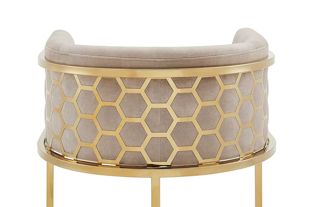 Stilvoller Barhocker ELEGANCE beige Samt gold Edelstahl mit Armlehne und Fußablage