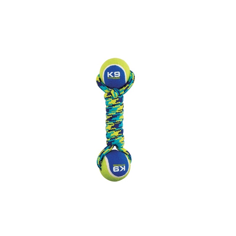 Brinquedo Zeus Fitness de 23 cm com duas bolas de tênis, halteres, corda e revestimento em TPR para cães.