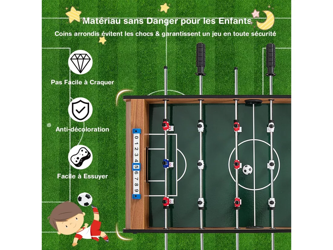 Baby-Foot en Bois avec Poignée Durable & 18 Joueurs, Table de Jeu avec 2 Ballons & 2 Tableau de Bord, Jouets pour Adulte et Enfant pour Fête, Bar, Salle de Jeux, 69 x 36 x 24 cm