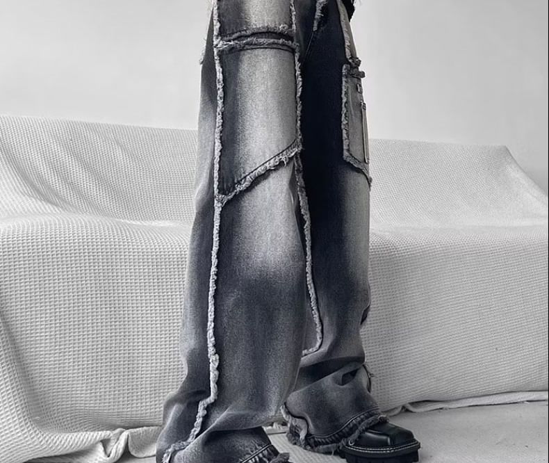 Adotuastic - Low Rise Washed Frayed Wide Leg Jeans