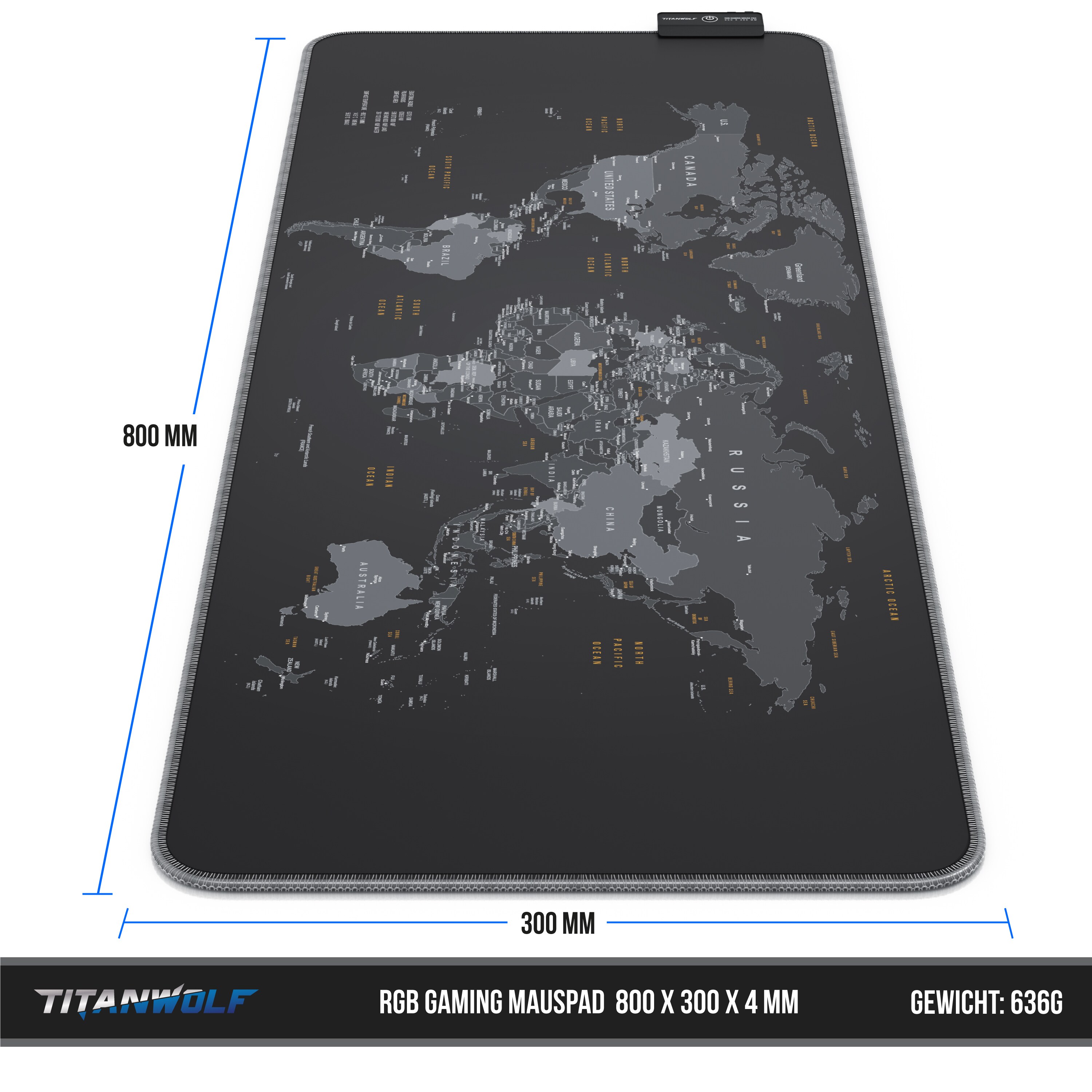 Titanwolf RGB Gaming Mauspad, Mousepad XL 800 x 300mm, verbessert Präzision & Geschwindigkeit, Weltkarte