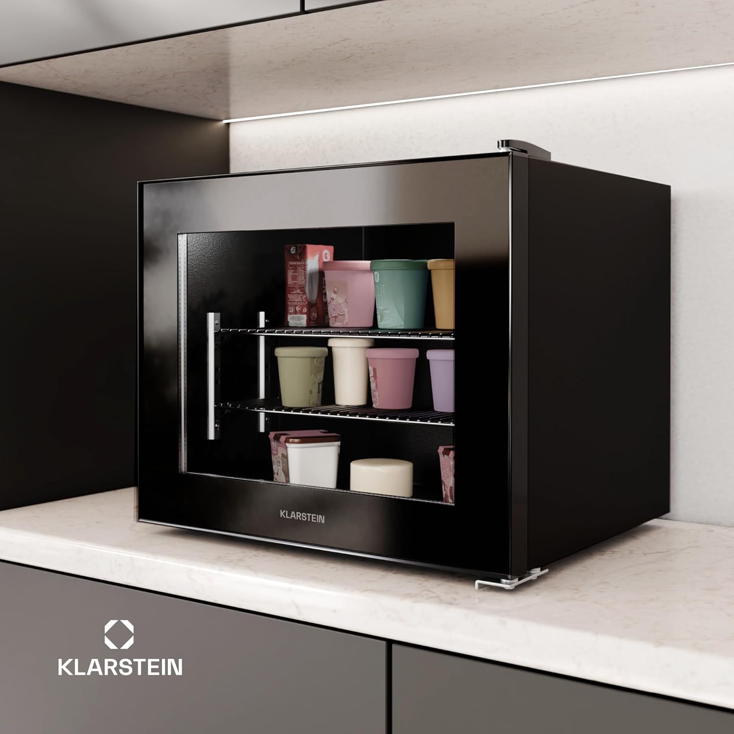 Klarstein IceAge 88 Mini Gefrierschrank, 88 L, Einstellbare Temperatur 0 bis -18 °C, Energieeffizient, LED-Innenbeleuchtung, 3 Einlegeböden, Kompakte Gefriertruhe, Kleine Design-Gefriertruhe, Schwarz