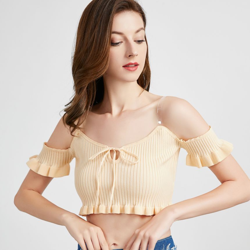 Pandaramma - Off-shoulder crop top met gerimpelde rand en strik aan de voorkant
