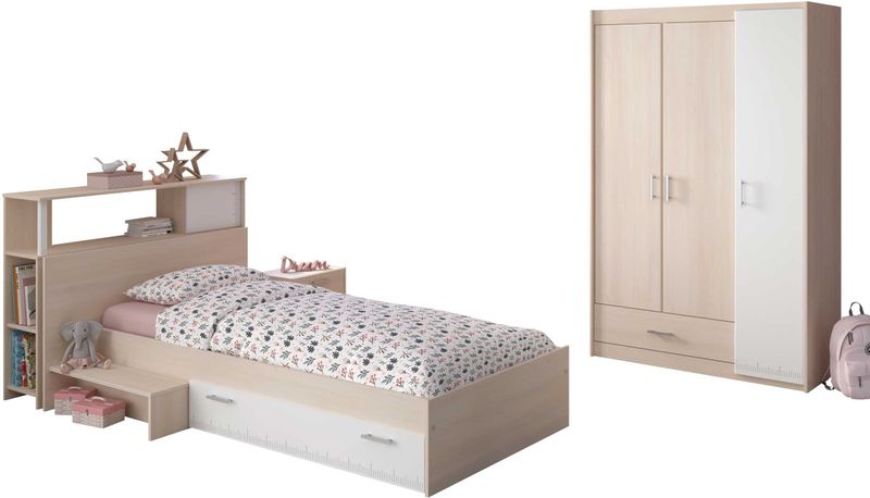 CHARLEMAGNE - Complete Kinderkamer - Licht en Witte Acacia Decoratie - Hoofdbord Bed Kledingkast