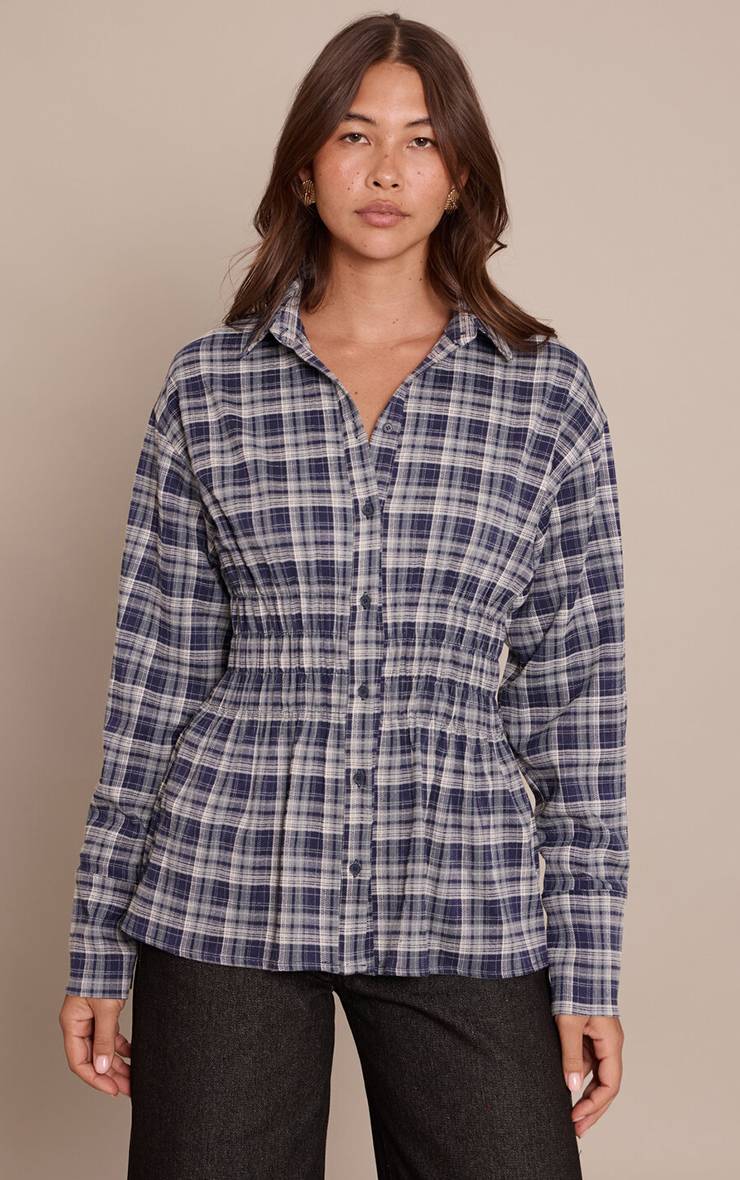 Bleu Chemise À Carreaux Avec Taille Froncée