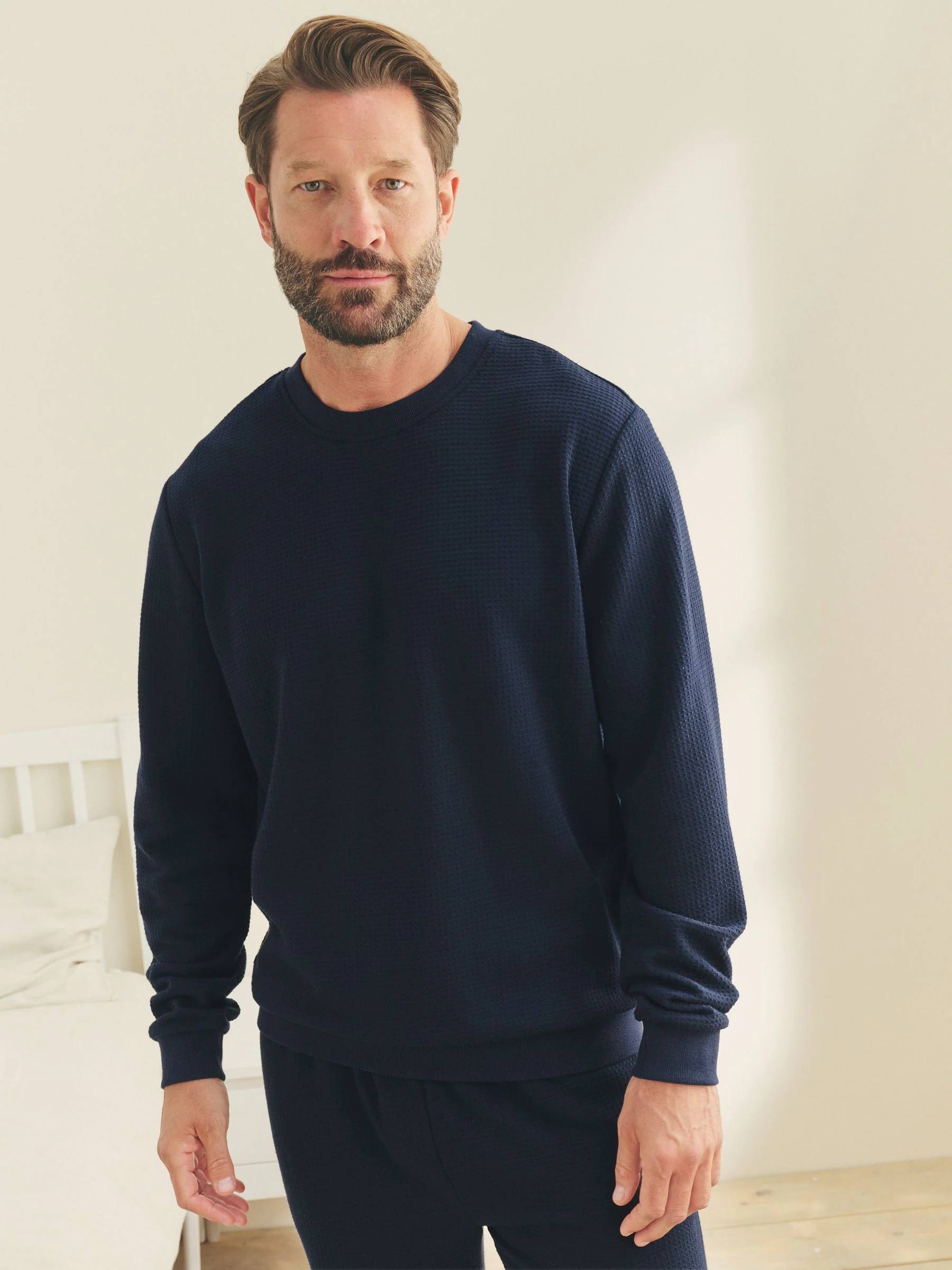 Donkerblauw - Zachte pyjama met top met wafeldessin en lange mouwen